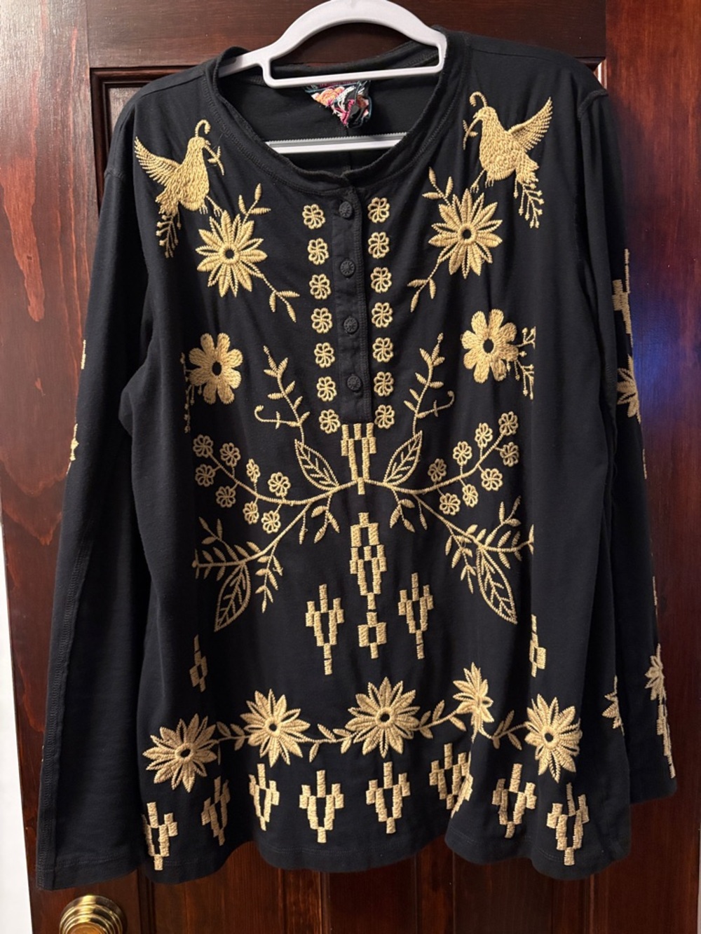 Johnny Was Black Tunic with Gold Embroidered Floral & Bird Motif